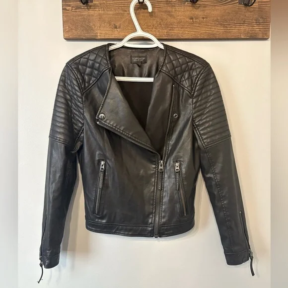 Topshop Women's Black Leather Biker Jacket size Small - Picture 2 of 10